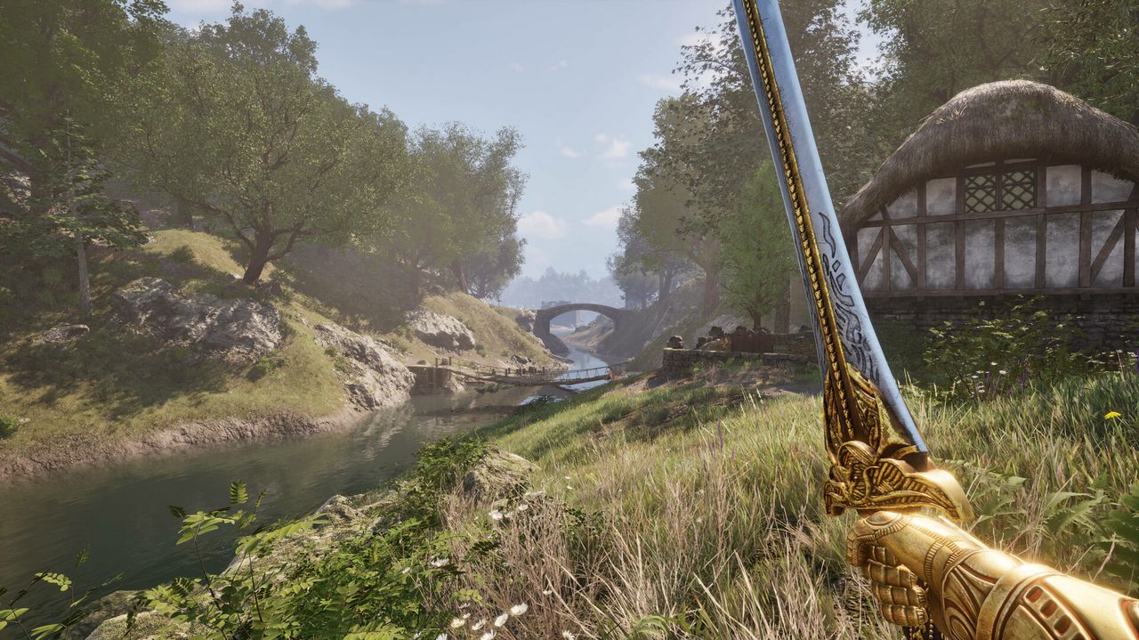 Une rivière, un pont de pierre et une chaumière au bord d'un chemin de Cyrodiil
